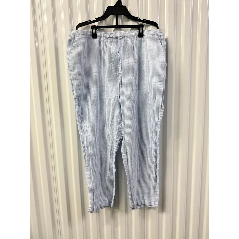 MNG Mango Striped Linen Pants Womens XL Blue White Excellent Relaxed Trousers